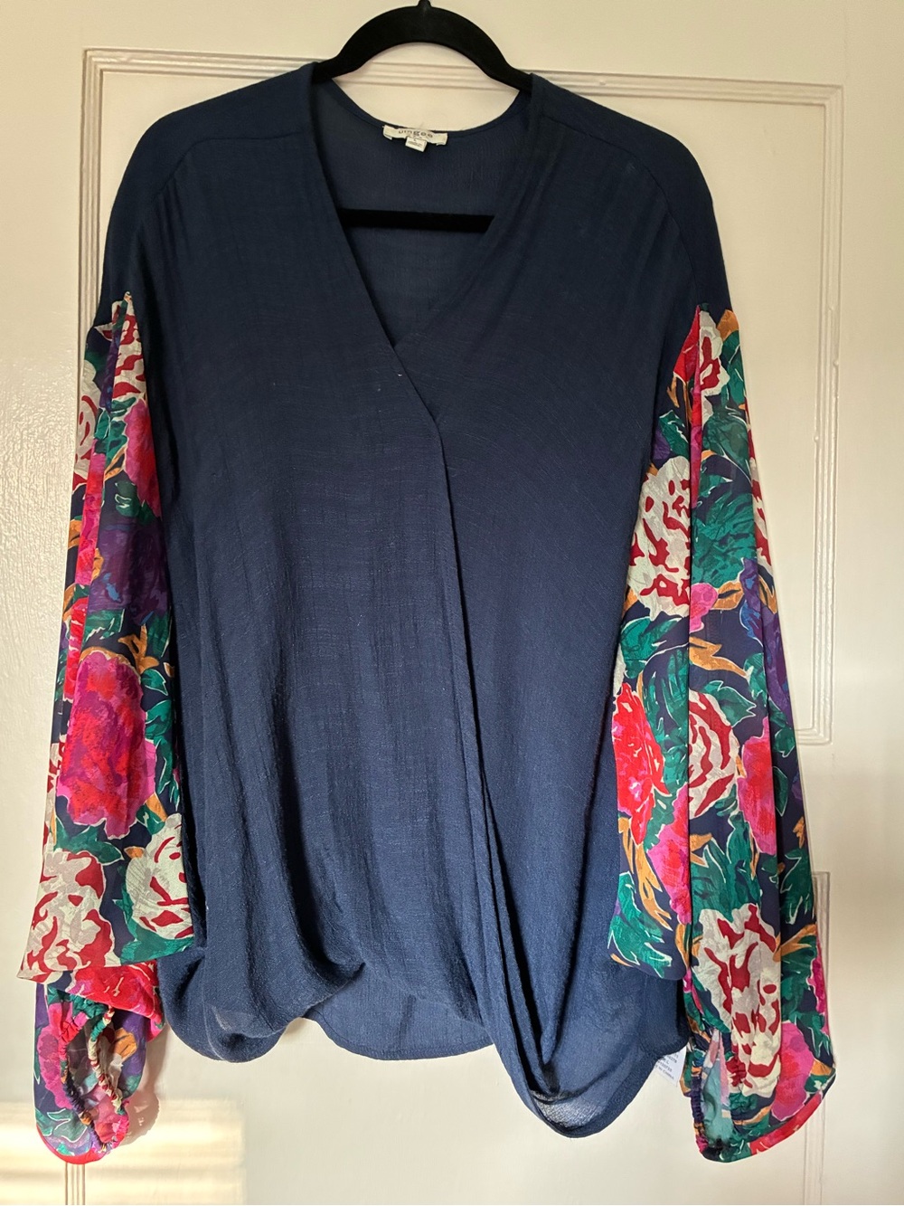 Umgee Boho Navy Wrap Blouse with Multicolor Floral Balloon Sleeves